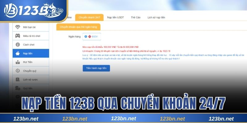 Nạp tiền 123B qua chuyển khoản 24/7
